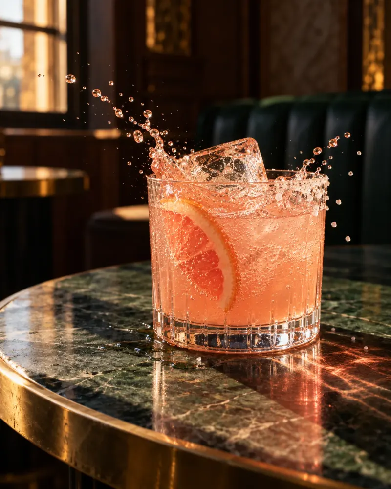 The same scene with a paloma: an ice cube drops into the glass.