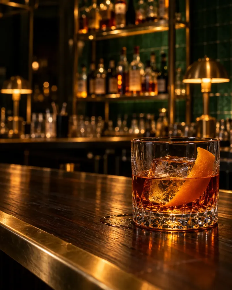 An old fashioned on the bar at night, with blurred bottles and brass lamps behind.