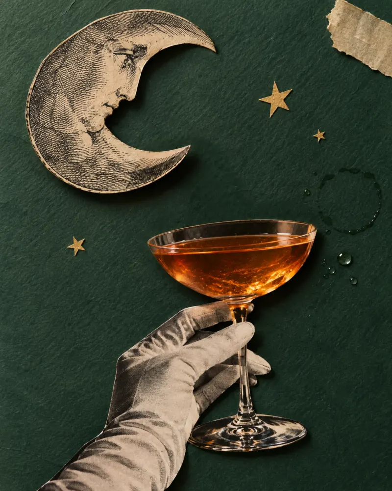 A handmade paper collage: a crescent moon and a gloved hand holding a glass.