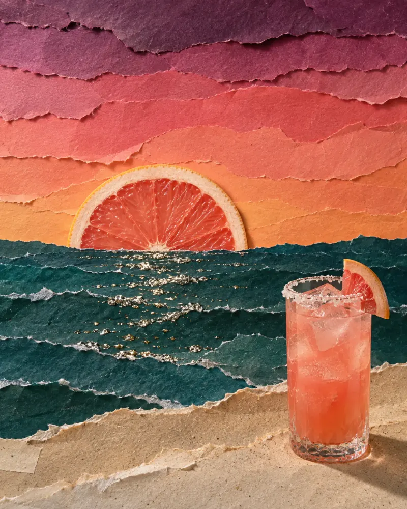 A paper collage: a grapefruit sun setting into the sea, a paloma on the shore.