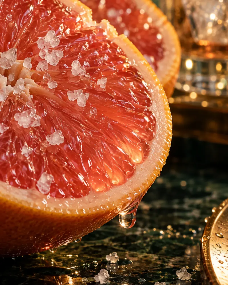 A close-up of a salted grapefruit slice.
