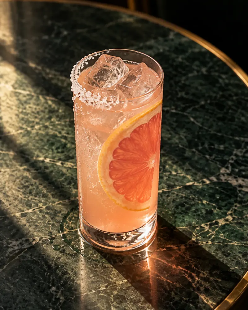A salt-rimmed paloma on a green marble table in hard sunlight.