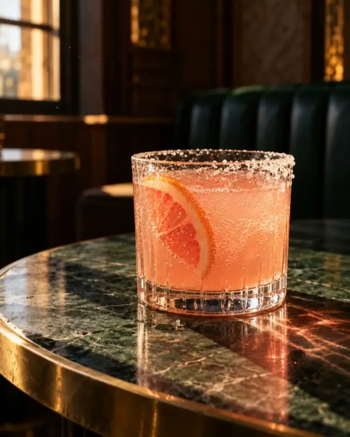 An ice cube drops into a salt-rimmed paloma.