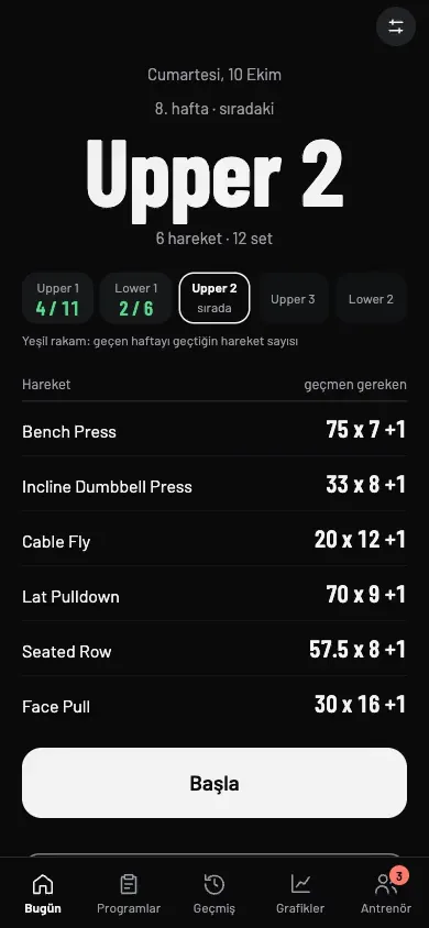 The app’s set screen: Bench Press, with weight and reps.